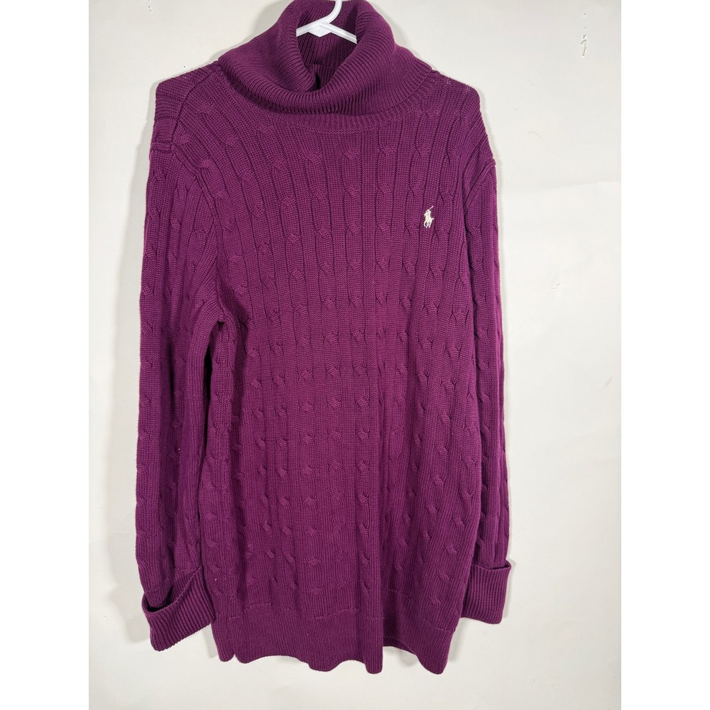 Ralph Lauren Sport Mens XL Purple Cable Knit Turtleneck Cotton Sweater Pony Logo